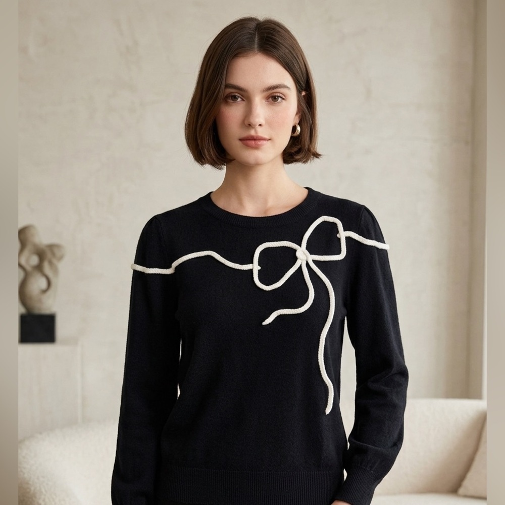 Black Sweater with Cream Bow Detail